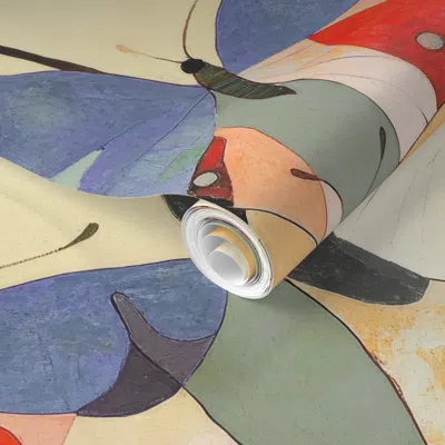 Spoonflower Pre-pasted Wallpaper Retro Mid Century Butterfly Collage  In Orange & Red  Removable In Multi
