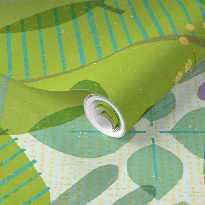Spoonflower Pre-pasted Wallpaper Retro Mod Herbs M+m Dew Warm Greens Jumbo By Friztin 2' X 12' Removable
