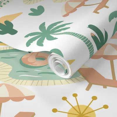 Spoonflower Pre-pasted Wallpaper Retro Palm Springs - Mid-century Summer Vibe White 2' X 12' Removable