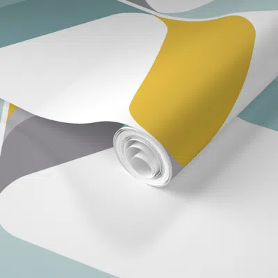 Spoonflower Pre-pasted Wallpaper Retro Ribbon White Mustard Duck Egg Grey 2' X 12' Removable In Multi