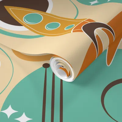 Spoonflower Pre-pasted Wallpaper Retro Rocket Ships Asteroid Adventure-mid Mod-atomic-spaceship-orange-large 2' 