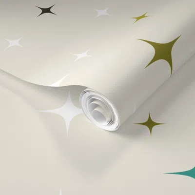 Spoonflower Pre-pasted Wallpaper Retro Star Tossed-mid Mod-atomic-starburst-50s 60s-space-teal Olive-large 2' X 