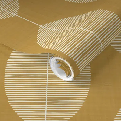 Spoonflower Pre-pasted Wallpaper Retro String Curtain Hand Drawn Lines Oval Linen Texture - Yellow Ochre  Remova