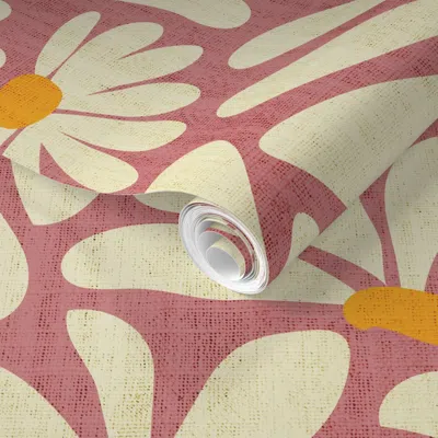 Spoonflower Pre-pasted Wallpaper Retro Whimsy Daisy Flower Power On Pink Clay Eggshell Floral Warm 2' X 12' Remo