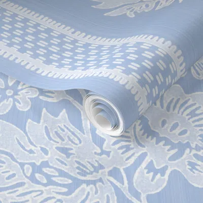 Spoonflower Pre-pasted Wallpaper Reverse Historic Garland Press Blue Bird And White 2' X 12' Removable