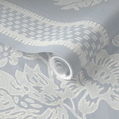 Spoonflower Pre-pasted Wallpaper Reverse Historic Garland Press Quiet Blue And Cream  Removable