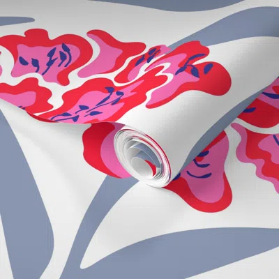 Spoonflower Pre-pasted Wallpaper Rhododendrons Floral Botanical Fuchsia Pink Red Blue On True White Large 2' X 1