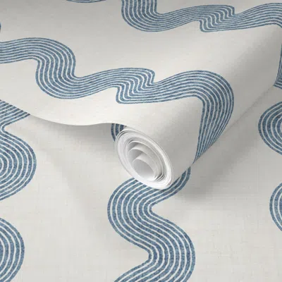 Spoonflower Pre-pasted Wallpaper Ric Rac Vertical Stripe (l) - Mountain Blue & White - Textured Waves 2' X 12' R