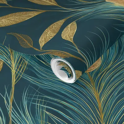 Spoonflower Pre-pasted Wallpaper Rich Pattern Of Peacock Feathers In Blues And Greens With Gold Highlights 2' X 