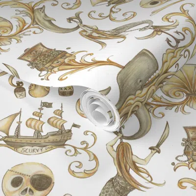 Spoonflower Pre-pasted Wallpaper Ro-co-co And A Bottle Of Rum 2' X 12' Removable In Multi