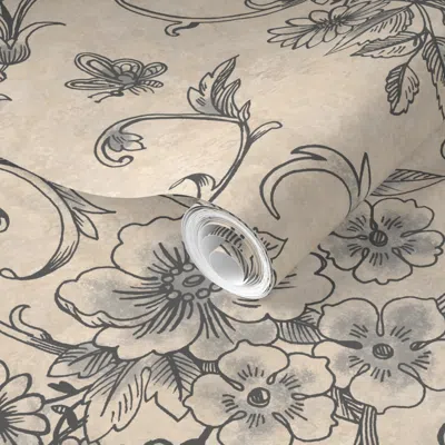 Spoonflower Pre-pasted Wallpaper Rococo Toile Charcoal  Removable