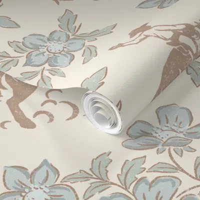 Spoonflower Pre-pasted Wallpaper Rodeo Rose - Extra Large - Light Taupe And Dusty Blue On Alabaster 2' X 12' Rem