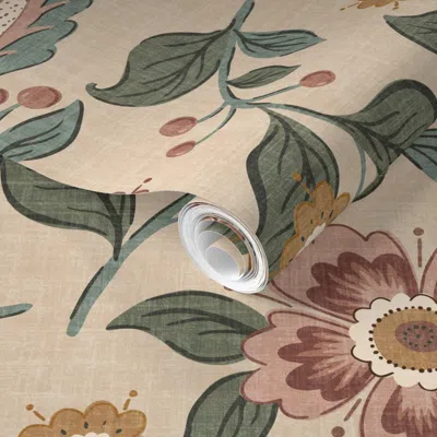 Spoonflower Pre-pasted Wallpaper Romantic Heritage Revival Floral Vine For Home Furnishings Warm Muted Sage 2' X