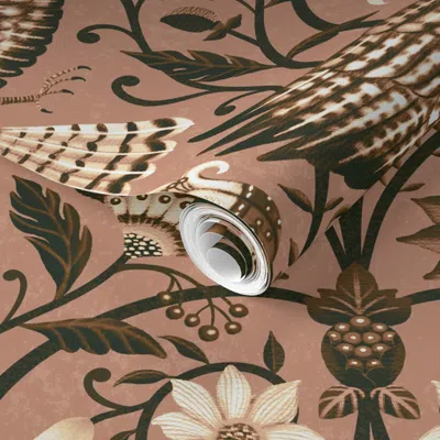 Spoonflower Pre-pasted Wallpaper Rose Beige Eagle & Oriental Flowers  Removable In Brown