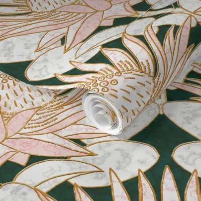 Spoonflower Pre-pasted Wallpaper Rose King Protea Art Deco (forest Green) 18 2' X 12' Removable