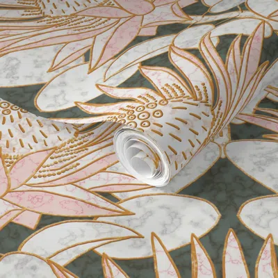 Spoonflower Pre-pasted Wallpaper Rose King Protea Art Deco (green Smoke Dark Veins) 2' X 12' Removable