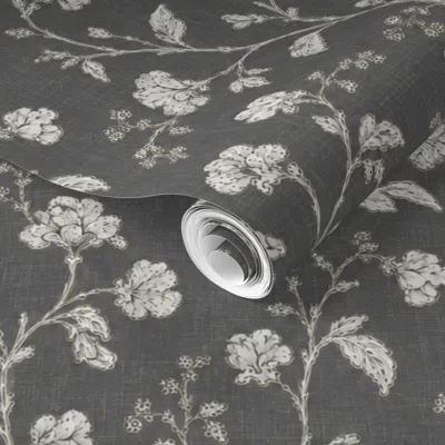 Spoonflower Pre-pasted Wallpaper Rosehill Floral Silhouette - Espresso Linen Background  Removable