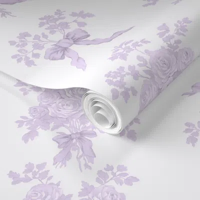 Spoonflower Pre-pasted Wallpaper Rosie Arrangement - Soft Lavender Floral Bouquet Ribbon Bows 2' X 12' Removable