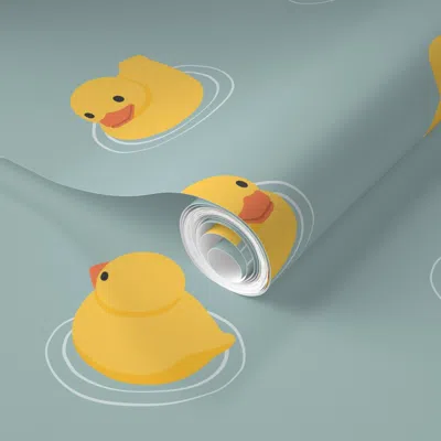 Spoonflower Pre-pasted Wallpaper Rubber Ducks - Muted Blue - Lad24 2' X 12' Removable