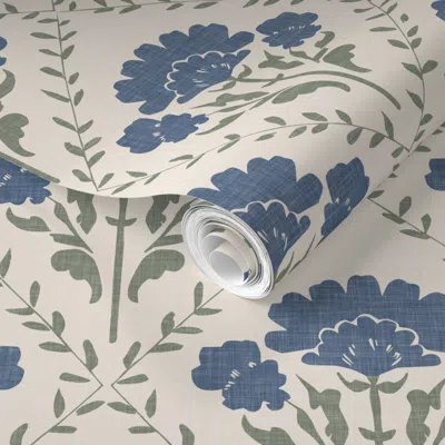 Spoonflower Pre-pasted Wallpaper Rustic Block Print Foral Vine Trellis - Textured Denim Blue Sage Off White  Rem