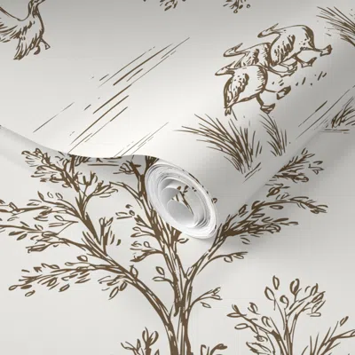 Spoonflower Pre-pasted Wallpaper Rustic Hunting Toile De Jouy In Muted Brown & Ivory Dog Print 2' X 12' Removabl