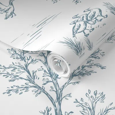 Spoonflower Pre-pasted Wallpaper Rustic Hunting Toile De Jouy In Preppy Blue & White Dog Print 2' X 12' Removabl