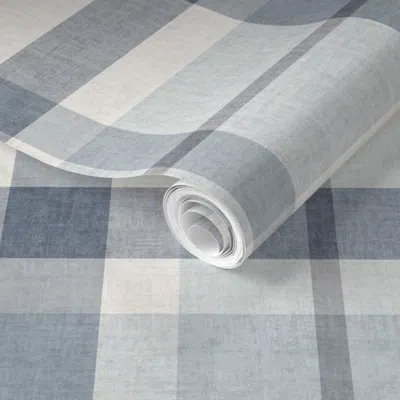 Spoonflower Pre-pasted Wallpaper Rustic Tartan Plaid - Dusty Blue Denim Cream Boys Room Nursery Xl 2' X 12' Remo