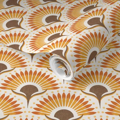 Spoonflower Pre-pasted Wallpaper S Art Deco Boho Retro Sunflower Fan Scallop Cream Honey Yellow Orange Brown 2' 