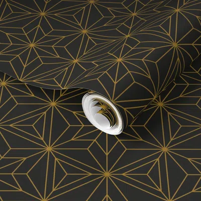 Spoonflower Pre-pasted Wallpaper S Gold And Black Hexagon Refined Line Art Starburst Deco Minimalist Luxury 2' X