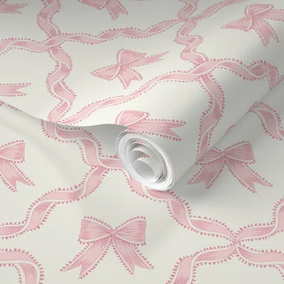 Spoonflower Pre-pasted Wallpaper (s) Pink Bows With Ribbon Diamond Trellis On Alabaster White Background 2' X 12