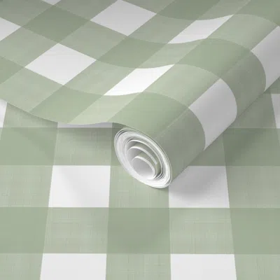 Spoonflower Pre-pasted Wallpaper Sage Green On White Cross Hatch Plaid 2' X 12' Removable