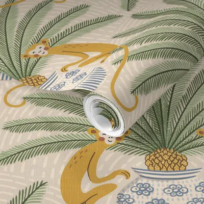 Spoonflower Pre-pasted Wallpaper Sago Palm And Monkey - Mustard - Large  Removable