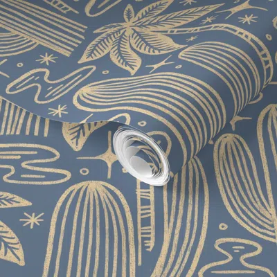 Spoonflower Pre-pasted Wallpaper Saguaro Starlight Palms Denim 2' X 12' Removable