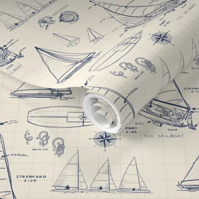 Spoonflower Pre-pasted Wallpaper Sail Boat Blueprints Navy On Ivory 2' X 12' Removable
