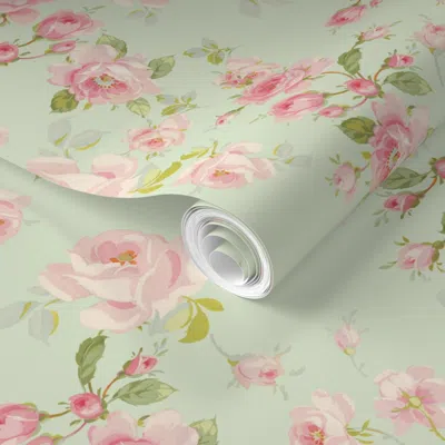 Spoonflower Pre-pasted Wallpaper Saint Colette June Roses In Basil 2' X 12' Removable