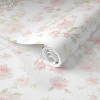 Spoonflower Pre-pasted Wallpaper Saint Colette June Roses White Faded 2' X 12' Removable In Multi
