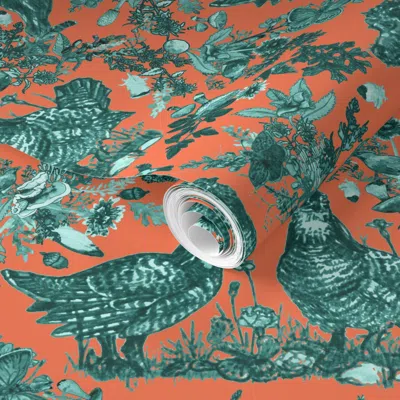 Spoonflower Pre-pasted Wallpaper Samwise And The Prarie Chickens Toile Peach And Turquoise 2' X 12' Removable