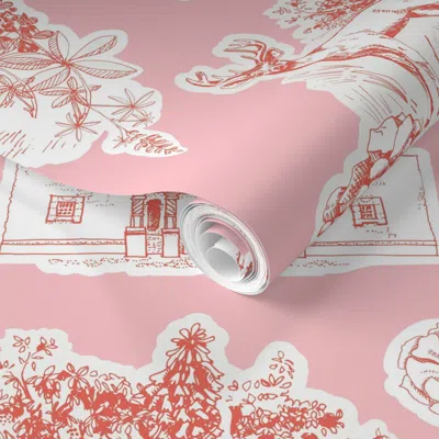 Spoonflower Pre-pasted Wallpaper San Antonio Toile Jumbo Halfdrop-see Description For  Red Pink 2' X 12' Removab