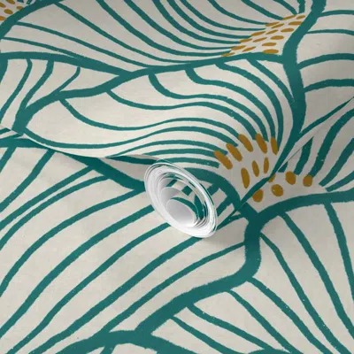 Spoonflower Pre-pasted Wallpaper San Diego (teal And Beige) 2' X 12' Removable