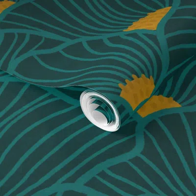 Spoonflower Pre-pasted Wallpaper San Diego (teal And Yellow) 2' X 12' Removable