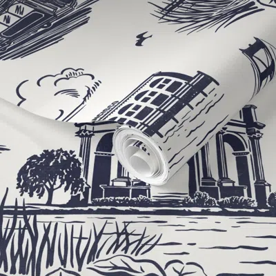 Spoonflower Pre-pasted Wallpaper San Francisco Toile Navywhite Lg 2' X 12' Removable
