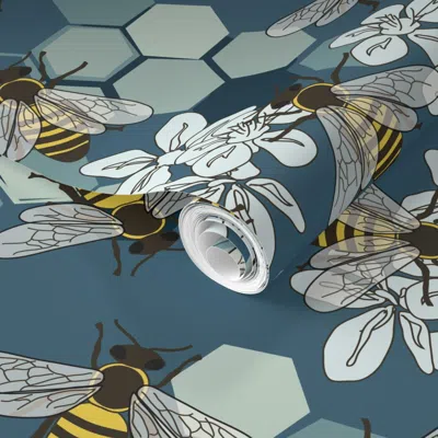 Spoonflower Pre-pasted Wallpaper Save The Honey Bees Teal - Blue - Large 2' X 12' Removable In Multi