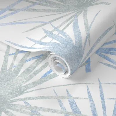 Spoonflower Pre-pasted Wallpaper Saw Palmettos Blue On White Jumbo 24inl 2' X 12' Removable