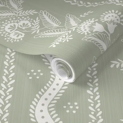 Spoonflower Pre-pasted Wallpaper Saybrook Sage And Cream2 Emma Stripe Silhouette Copy 2 2' X 12' Removable