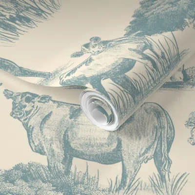Spoonflower Pre-pasted Wallpaper Sbc Cattle Toile Pattern - Blue 2' X 12' Removable
