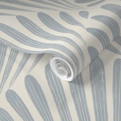 Spoonflower Pre-pasted Wallpaper Scallop Fans - Creamy White French Grey Blue - Art Deco Geometric Seashells 2' 