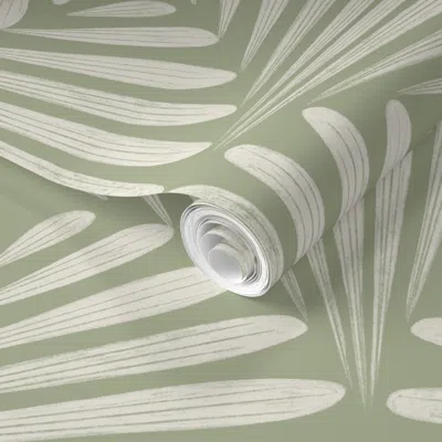 Spoonflower Pre-pasted Wallpaper Scallop Fans Ogee - Creamy White / Light Sage Green - Art Deco Geometric 2' X 1