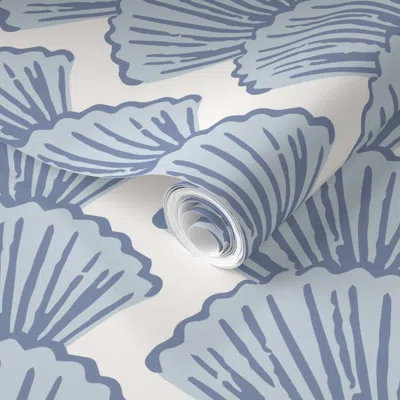 Spoonflower Pre-pasted Wallpaper Scallop Seashell Stripe Faded Blue 2' X 12' Removable