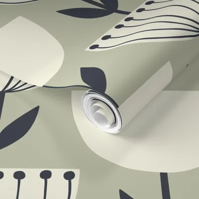 Spoonflower Pre-pasted Wallpaper Scandi Bird Flowers - In Soft Gray 2' X 12' Removable
