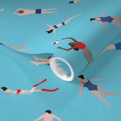 Spoonflower Pre-pasted Wallpaper Sea Swimmers  Removable In Blue/red